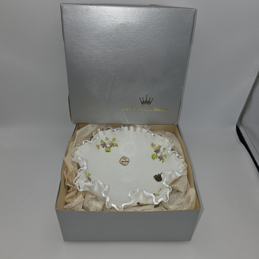 VINTAGE FENTON Silver Crest Milk Glass Footed Flared Bowl Violets Personalized